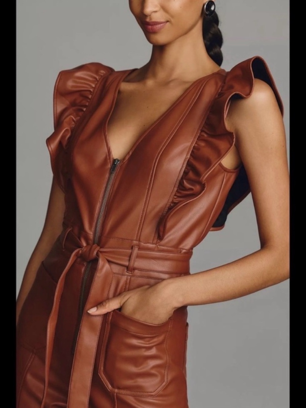 Maeve The Colette Faux Leather Cropped Wide-Leg Jumpsuit Size 12 - Picture 2 of 7
